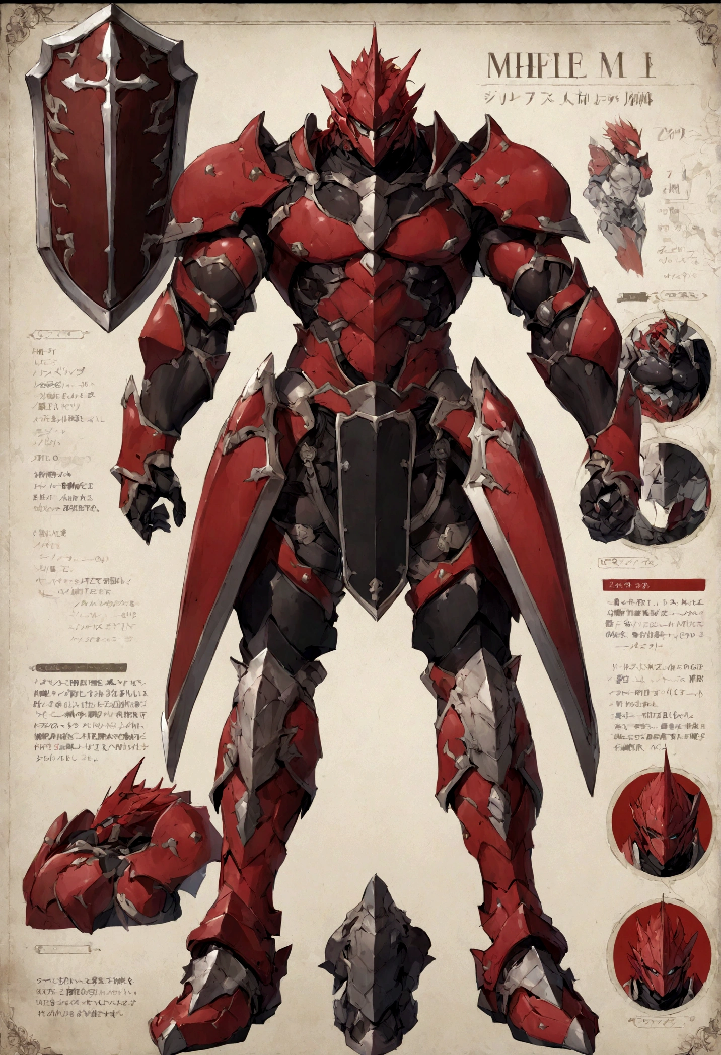 male character full armor, shield and sword, muscular, red hair, full of scar, character sheets