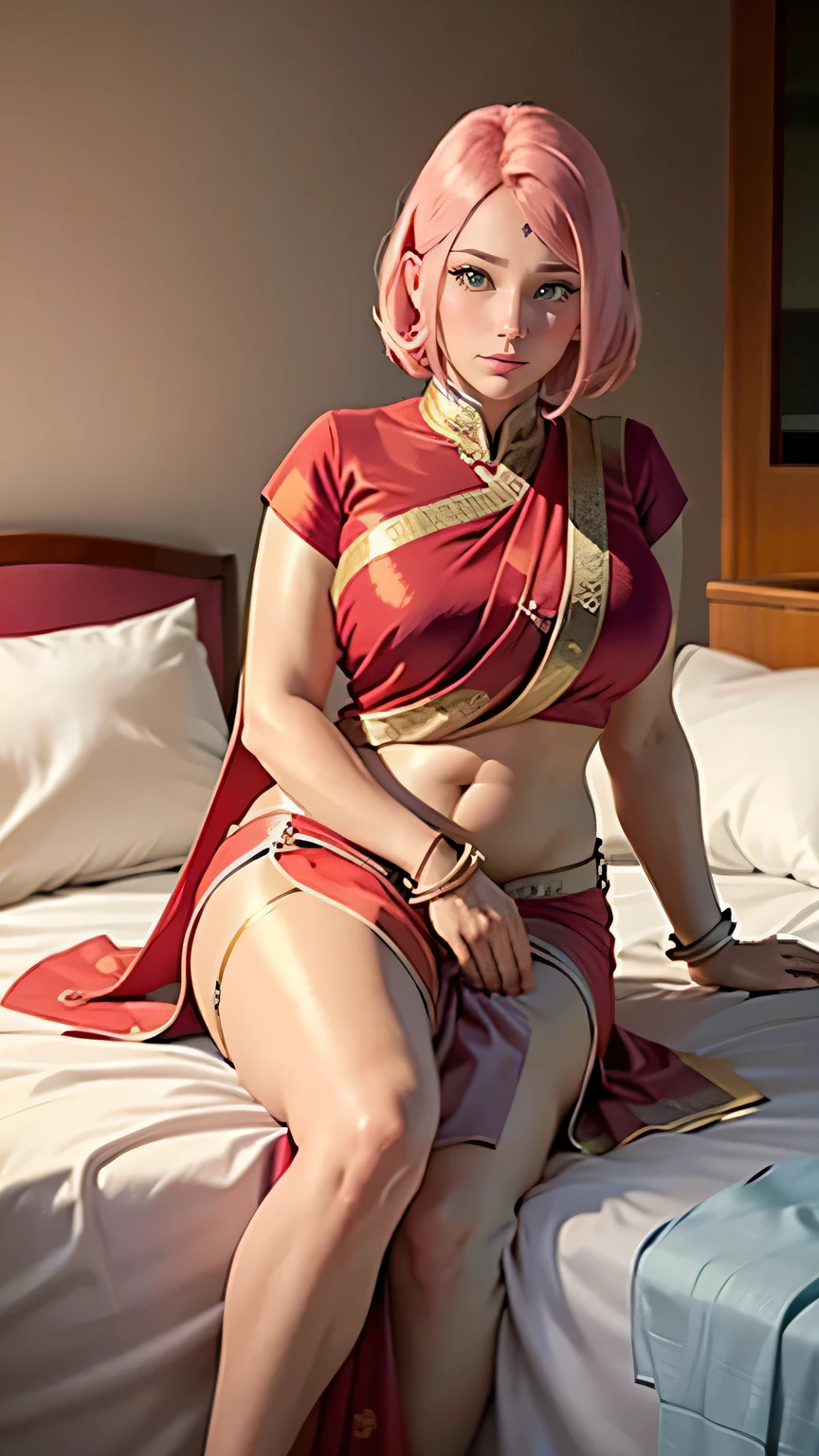 Big tits, ((wearing indian only red saree)) , ((saree covering full body)), (blue saree)  fullbody, good anatomy, masterpiece, best quality, 4k, 8k, professional photography, soft light, sharp focus, 1 girl, sakura haruno, pink hair, parted banks, detailed face+green eyes, open lips, lipstick,  boobs show,    boobs show,  from front, ((hands on blouse)), ((opening blouse)) ((sit on bed)), huge breasts, thick thighs, complete laying on bed, spreading legs, showing her pussy, no panty, no bra, open saree, cum on body, 