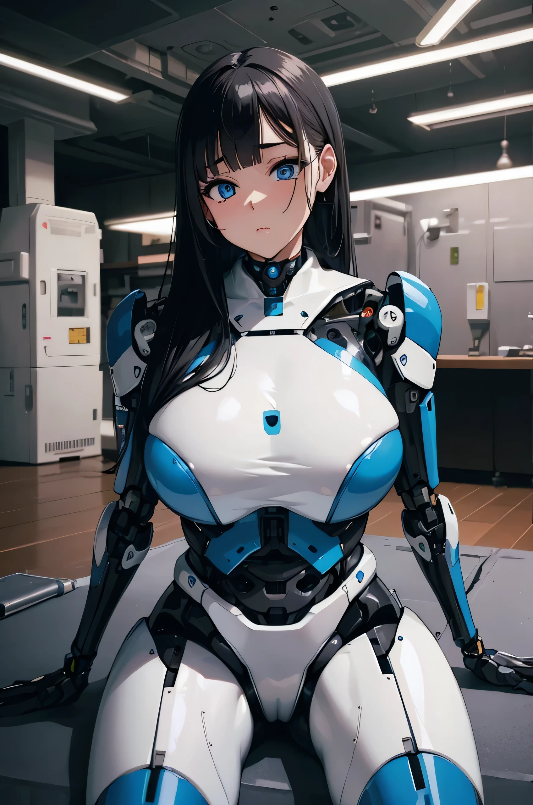 masterpiece, Best Quality, Extremely detailed,  8K portrait,Japaese android woman,Plump,control panels,android,Droid,Mechanical Hand, ,Robot arms and legs, Black hair,Mechanical body,Blunt bangs,White Robotics Parts,perfect robot woman,Charging spot,Long Tube,A thick cable was connected to her neck,ceramic body ,Mechanical body, mechanical ear covers,android,robot humanoid,a bit chubby,panty,She is exhibits,perfect mechanical body,white robotics body,future laboratory,blue eyes