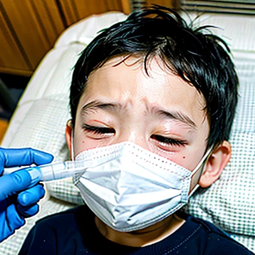 Handsome kindergarten boy with infectious disease、Appearance of suffering. He is wearing a white mask. He has a high fever. he is sleeping. He has a cough. He is exhausted. He is taking his temperature with a thermometer. He is dying. He is cooling his forehead with a cooling gel sheet..Are crying