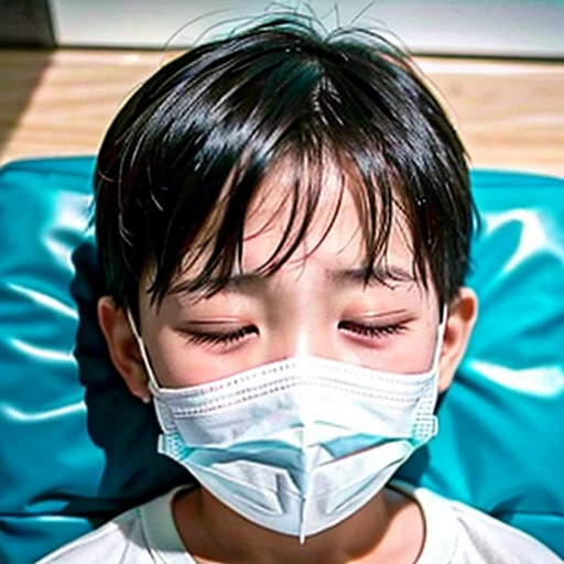 Handsome kindergarten boy with infectious disease、Appearance of suffering. He is wearing a white mask. He has a high fever. he is sleeping. He has a cough. He is exhausted. He is taking his temperature with a thermometer. He is dying. He is cooling his forehead with a cooling gel sheet..Are crying