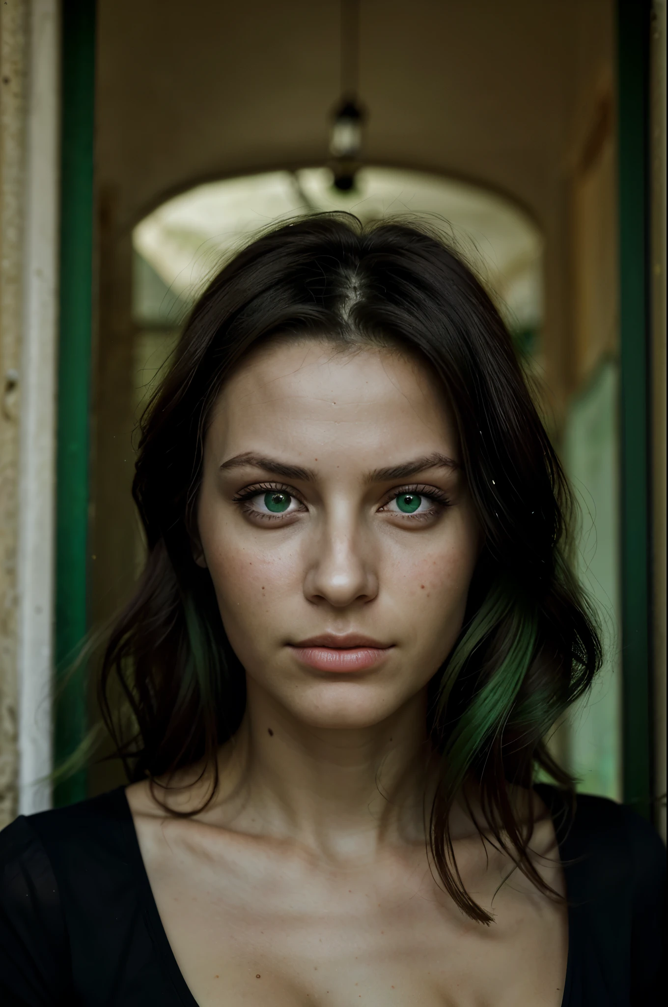 portrait sicilienne cheveux noir au yeux vert regard sombre et envoutant de face