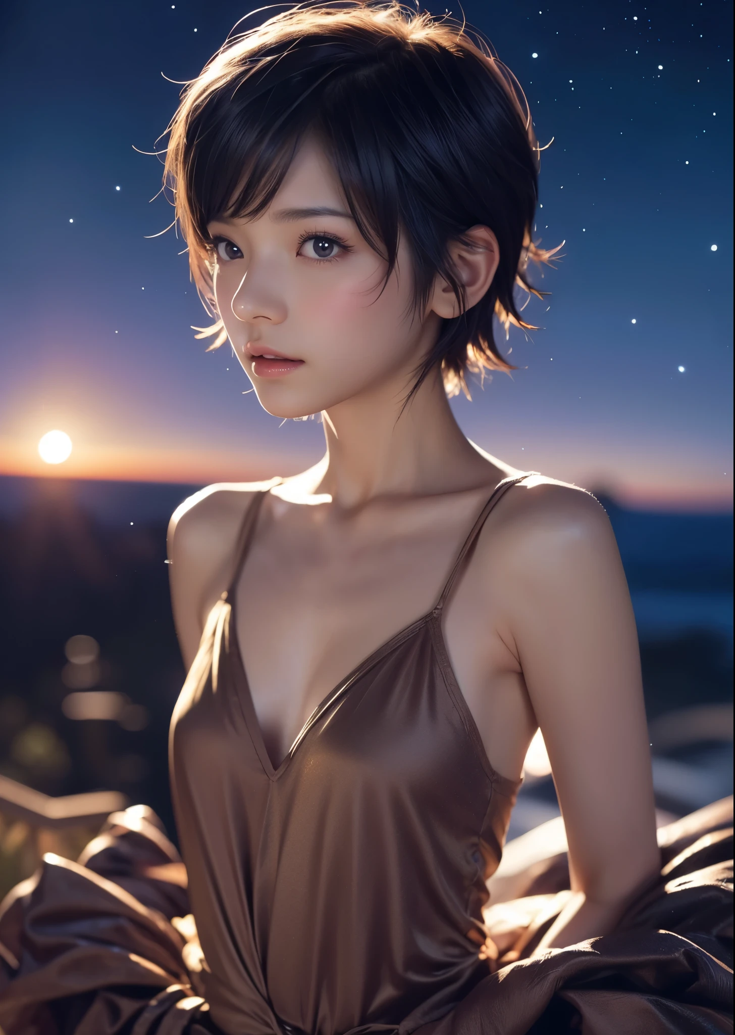 Fairy Tail、Short pixie cut hair、Cute Fairy、She and the Stars、View here、Star of the sky、Pop style clothes、Moonlit Night、moonlight、Perfect lighting、Perfect body、Sharp Focus、High definition、high resolution、High color rendering、High resolution、Ultra-realistic、photo realistic、Refers to four books