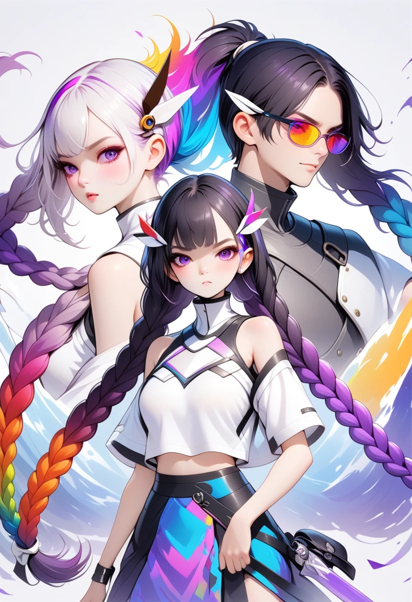 Graphic design,vector art,Smooth lines,simple style,Interesting product poster design:Break,The boy has long black hair,Girls purple and white gradient double ponytail,Brave personality,cool,Hair accessories long braids,Hair accessories,High collar off-shoulder short sleeves,(fashion design),(Vibrant colors)(Vibrant colors),(((Leave the top blank,letter &References;rich and colorful")))