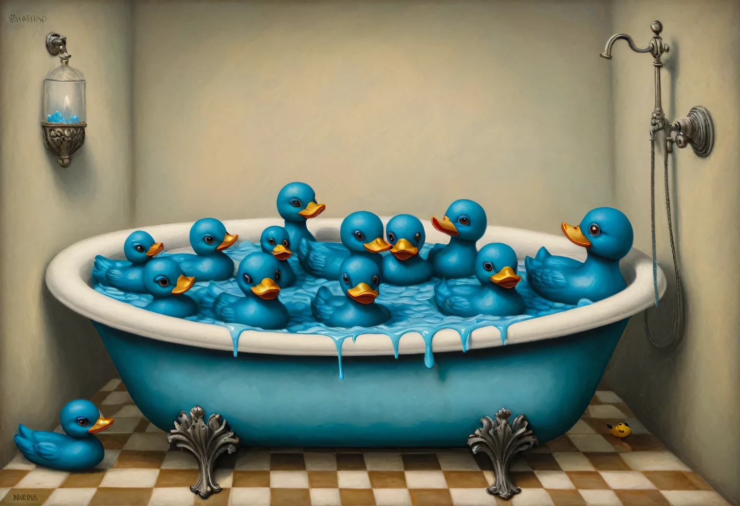 Painting in the style of the artist Santiago Caruso, Gothic, surrealism, bathroom with blue soapy water and rubber ducks in the bathtub, bright Gothic, 2 bright rubber ducks floating in the bathtub, full compliance with the style of Santiago Caruso, inspired by Mark Ryden, Inspired by Jim Burns