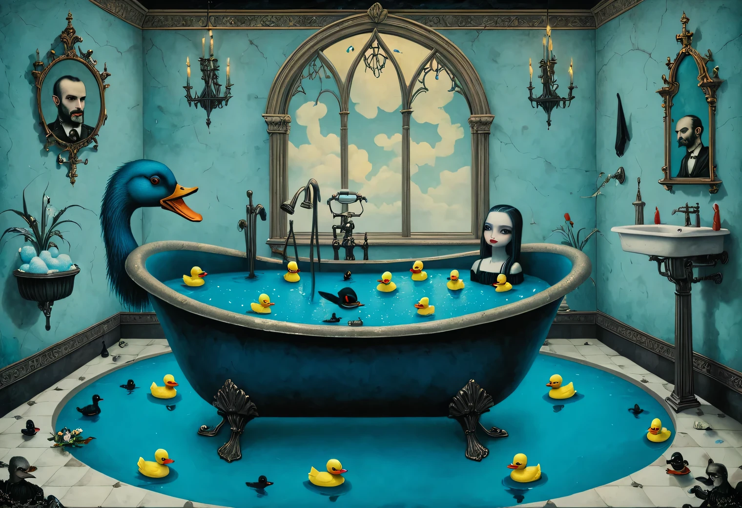 Painting in the style of the artist Santiago Caruso, Gothic, surrealism, bathroom with blue soapy water and rubber ducks in the bathtub, bright Gothic, 2 bright rubber ducks floating in the bathtub, full compliance with the style of Santiago Caruso, inspired by Mark Ryden, Inspired by Jim Burns