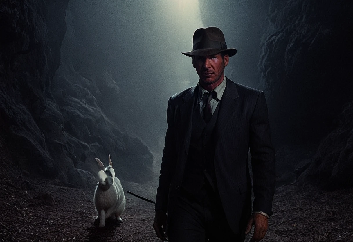 Indianajones Person following a white rabbit, middle East background, Sideshow, eerie moody, iconic hat, film grain movie scene.