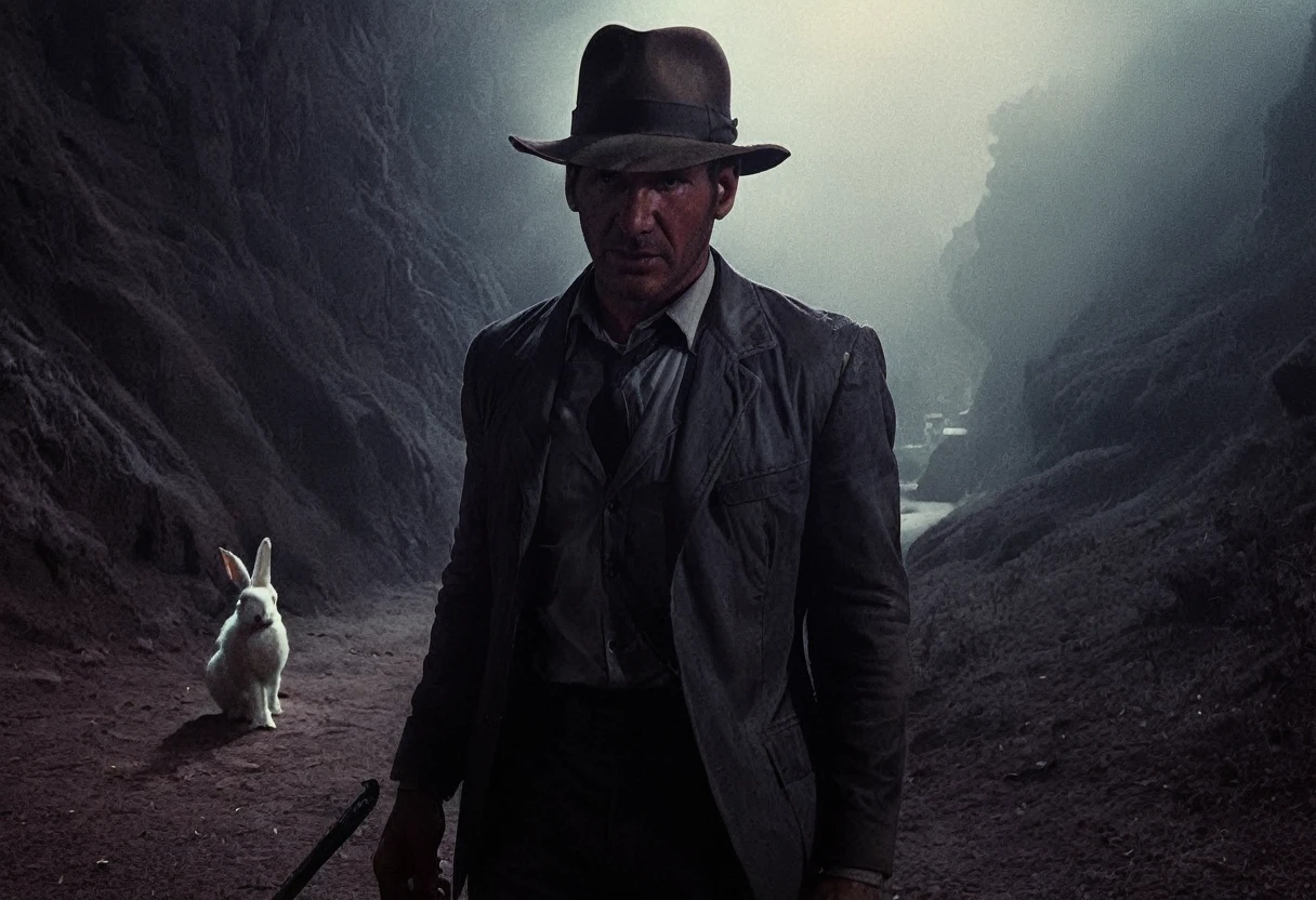 Indianajones Person following a white rabbit, middle East background, Sideshow, eerie moody, iconic hat, film grain movie scene.