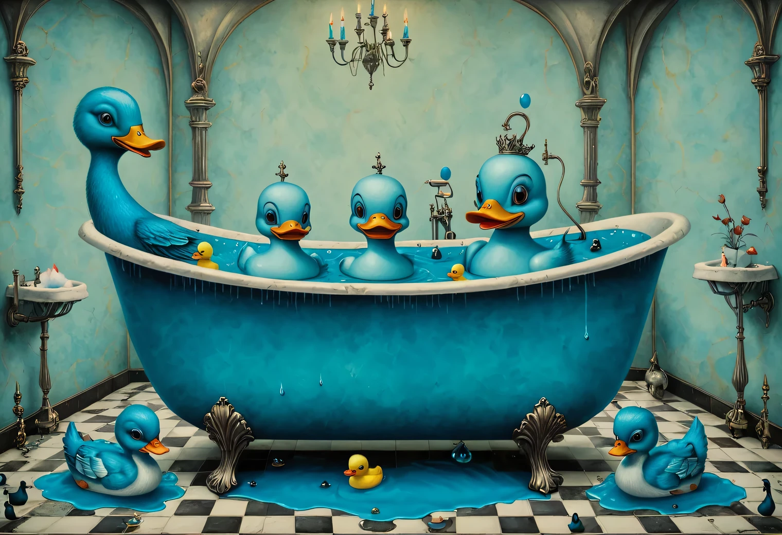 Painting in the style of the artist Santiago Caruso, Gothic, surrealism, bathroom with blue soapy water and rubber ducks in the bathtub, bright Gothic, 2 bright rubber ducks floating in the bathtub, full compliance with the style of Santiago Caruso, inspired by Mark Ryden, Inspired by Jim Burns