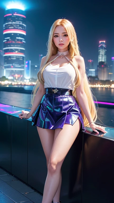 detailed futuristic park,skyscrapers,shiny metallic architecture,hovering cars,neon lights,glowing holographic displays,futuristic girl taking a selfie,bright happy smile,warm lighting,vibrant colors,cinematic atmosphere,photorealistic,8k,high resolution, ((( Russian and Japanese mix, golden hair, straight long hair, gazing, parted lips))), (((skirt)))