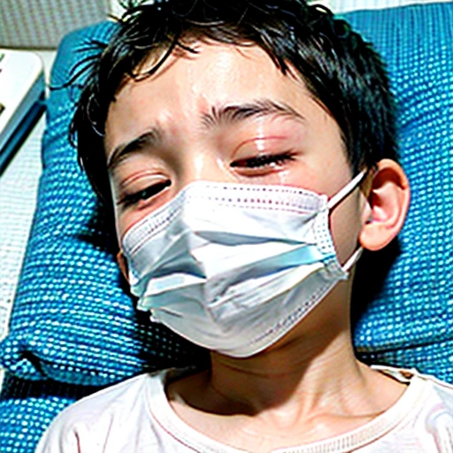 Handsome kindergarten boy with infectious disease、Appearance of suffering. He is wearing a white mask. He has a high fever. he is sleeping. He has a cough. He is exhausted. He is taking his temperature with a thermometer. He is dying. He is cooling his forehead with a cooling gel sheet..Are crying
