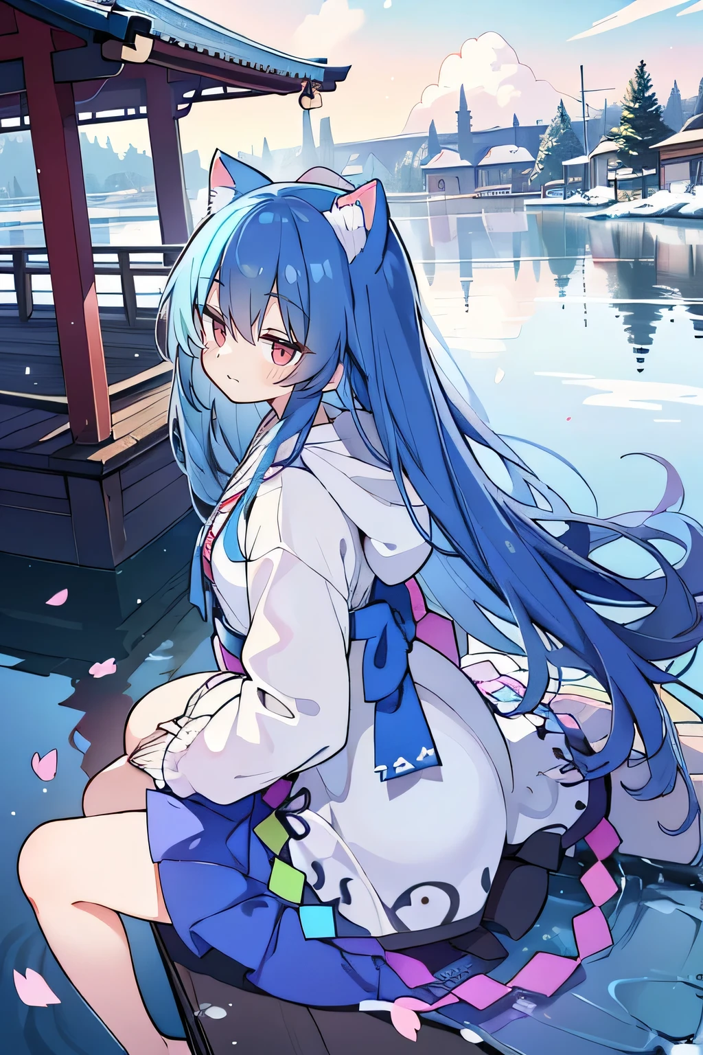 (masterpiece:1.2),Super detailed,lifelike,Expressive eyes,fair skin,perfect face shape,1 girl,
Japanese comics,Gorgeous blue hair,flowing blue hair,flowing clothes,Cat ears,Petals fall,beautiful lola,Baby Angel,
Shaking head with one hand,Cross your legs,Gentle and peaceful background,The pavilion is cool and comfortable,smile, wearing hoodie, background of tokyo,back views,snowing, winter,lie on the water.
