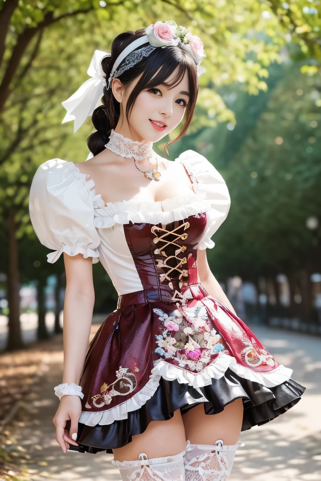 (nsfw), sexy stylish Japanese model, only 1 female, ((doll-like appearance)), short Mahogany stylish hair, ((shiny Victorian-Style boots)), (big smile), ultra detailed eyes, vivid eye makeup, lip-gloss, long lashes, defined eyebrows, ((sexy Paradise Kiss cosplay)), bell-shaped skirt, petticoats, high neckline, puffed sleeves, ((ultra detailed lace)), ((ultra detailed embroidery)), intricate details, Paradise Kiss accessoires and matching headpiece, choker, ((large sparkling Paradise Kiss jewelry)), cinematic light, detailed large park background with trees