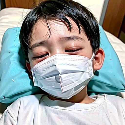 Handsome kindergarten boy with infectious disease、Appearance of suffering. He is wearing a white mask. He has a high fever. he is sleeping. He has a cough. He is exhausted. He is taking his temperature with a thermometer. He is dying. He is cooling his forehead with a cooling gel sheet..Are crying