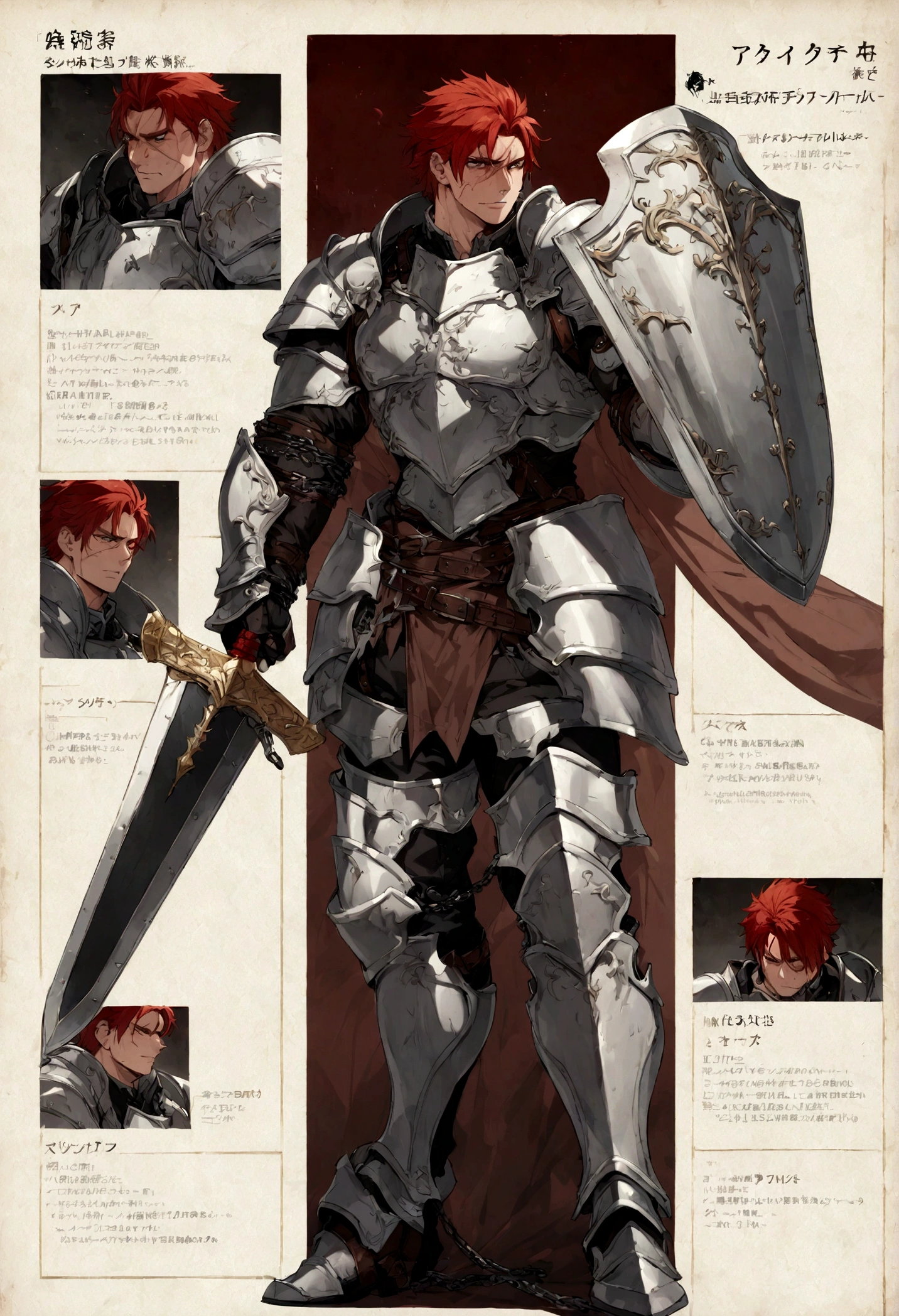male character heavy plate armor, shield and sword, muscular, red hair, full of scar, character sheets,chained