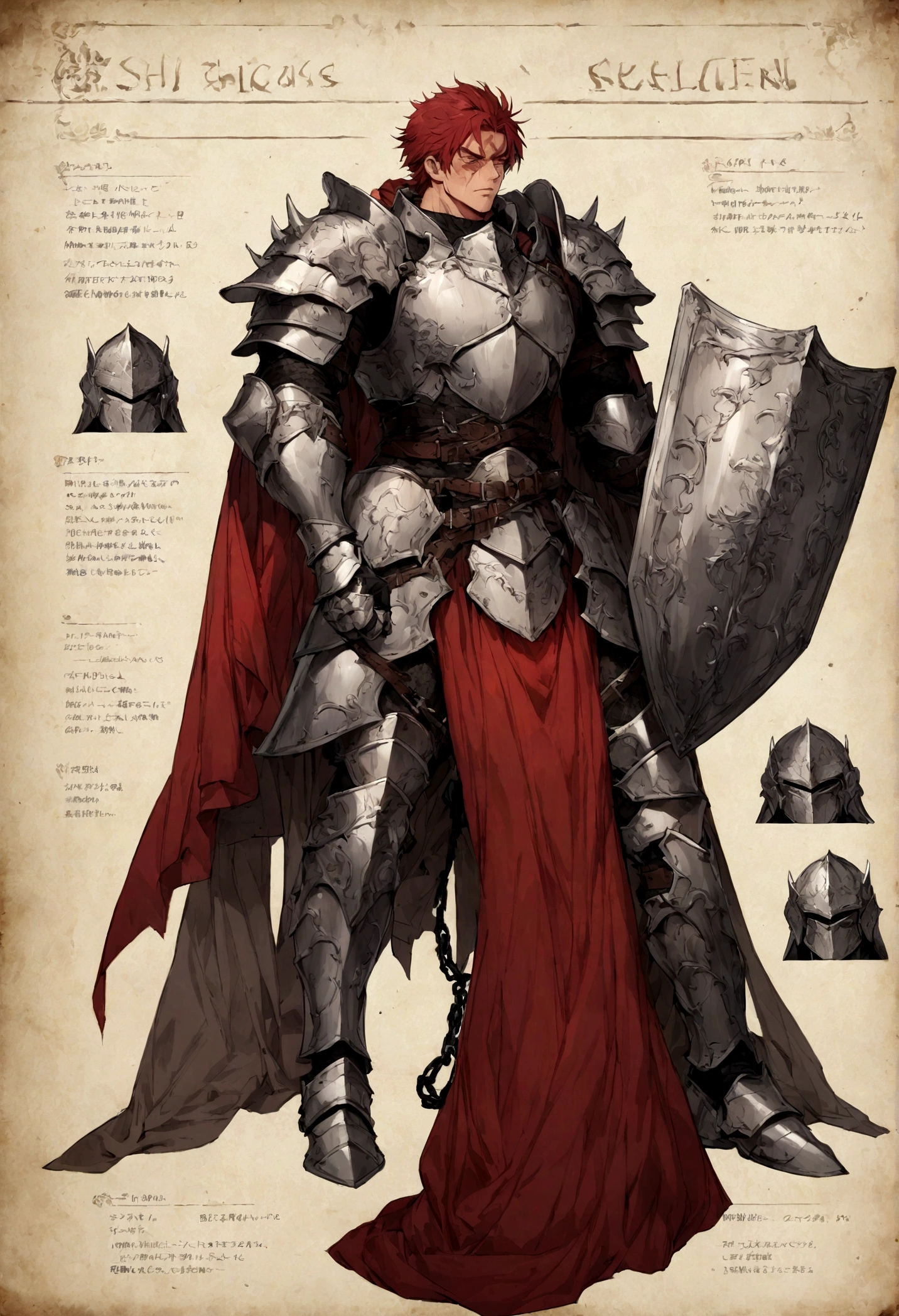 male character heavy plate armor, shield and sword, muscular, red hair, full of scar, character sheets,chained