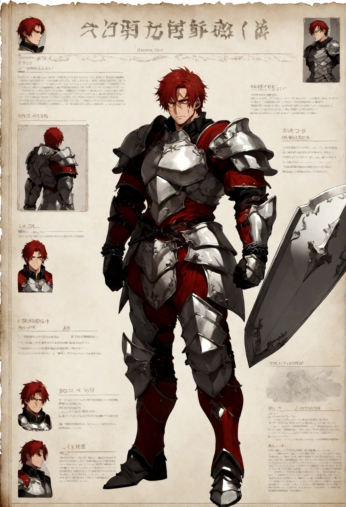 male character heavy plate armor, shield and sword, muscular, red hair, full of scar, character sheets,chained