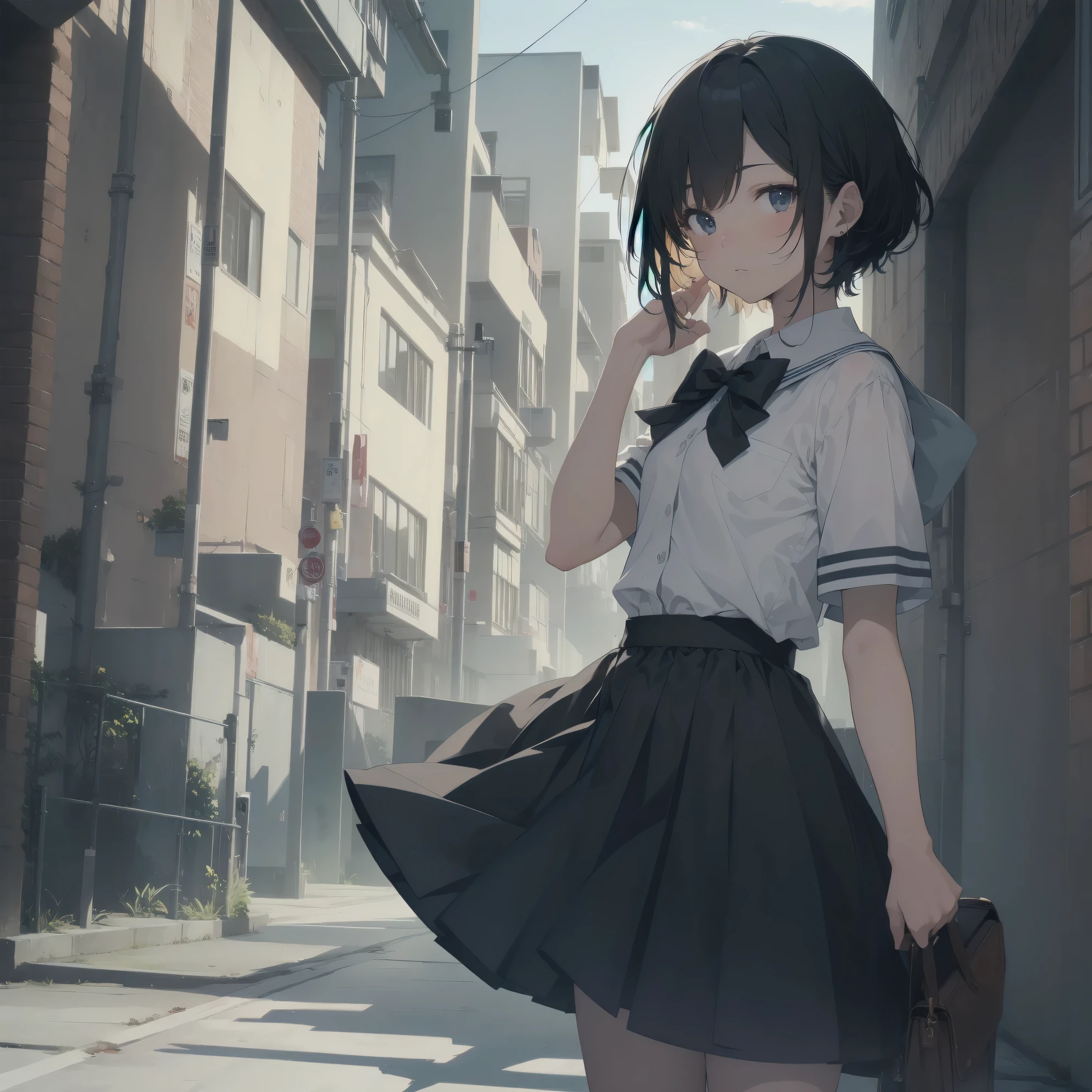 ultra-absurdres-Top quality by artist God, ultra-detailed, high resolution, anime moe artstyle, best anime 8k konachan wallpaper, pixiv contest winner, pool:2810, perfect anatomy,break, 1girl, (Please draw a girl walking sleepily to school alone. )break,(Solo,little female, 13-year-old:1.3),Full limbs, complete fingers,a junior high school student, (very short hair), short cut, flat chest, , small butt, small black eyes, beautiful detailed eyes, well-proportioned iris and pupils, expressive eyes, highres detailed hair, soft expression, salor school_uniform, sailor collar, serahuku, bow, pleated skirt,(Detailed Lighting), (Detailed background), in the School commute route. break,super detailed skin, Best cinematic lighting powered by famous artist, 8k,beauty illustration,photoshop_(medium),very aesthetic,break,((artist:shino_(ponjiyuusu) )), artist:clamp ,artist:carnelian ,artist:kantoku ,