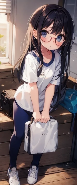 (big round glasses:1.3)、(Timid girl、sorrow、blush、Watery eye:1.2)、Long black hair、White short sleeve shirt、Navy blue shorts、(Gym suit)、 、Flat body