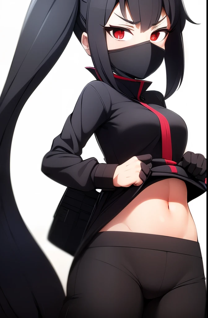 Ninja woman and mask and black hood and black shirt and black pants and black shoes and black hair and red eyes and cute and all black clothes and gloves and at school alone and she had her arms behind her back and she was at school and she was very cute