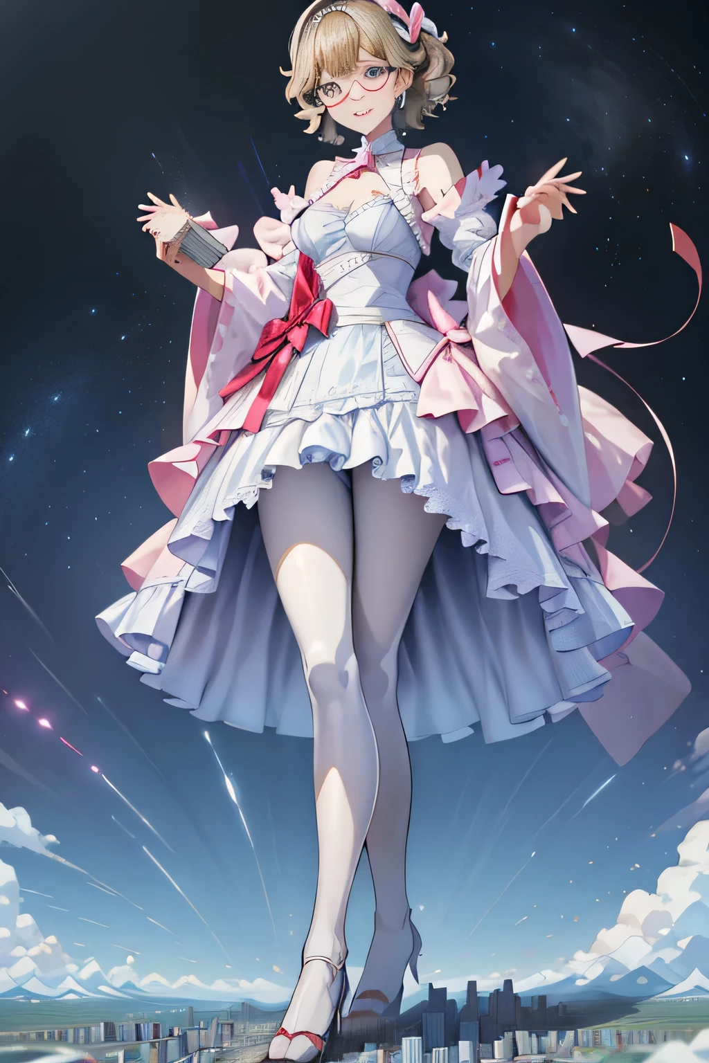 giantess art, highly detailed giantess shots, giantess, Two legs, Five fingers, short hair, super giant princess, A beautiful girl who is bigger than any skyscraper, Wearing rimless glasses, smile, Big Breasts, White gorgeous dress, White Pantyhose, white pantyhose, White stiletto sandals, toes visible through pantyhose, Destroying cities, A very small big city, Miniature metropolis, Full body description, GTS, giga giantess, stomping city, crash city, tiny city, micro city, pantyhose feet, High resolution, highest quality, masterpiece, princess dress,