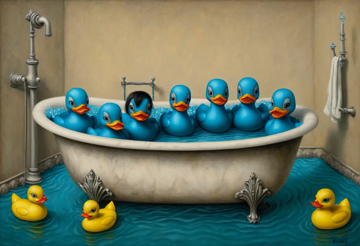 Painting in the style of the artist Santiago Caruso, Gothic, surrealism, bathroom with blue soapy water and rubber ducks in the bathtub, bright Gothic, 2 bright rubber ducks floating in the bathtub, full compliance with the style of Santiago Caruso, inspired by Mark Ryden, Inspired by Jim Burns