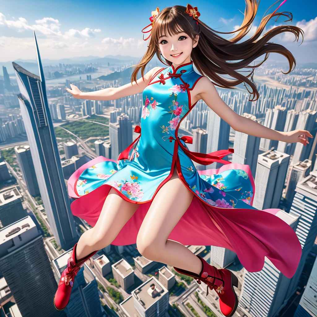 a young magical girl floating in the air, midair, 10 meters high, cityscape, smiling politely with long hair, wearing a revealing Qipao, Zero-gravity Boots, ultra-detailed,natural lighting,vibrant colors, full-body, wide-angle lens