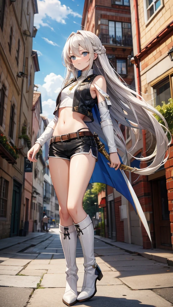 White long hair, braid, An off-white skinned, neutral,flat chest,Very slim figure,Dragon Tattoo,Vest,Bare waist,shorts,Thin legs,boots,spear,Medieval European city