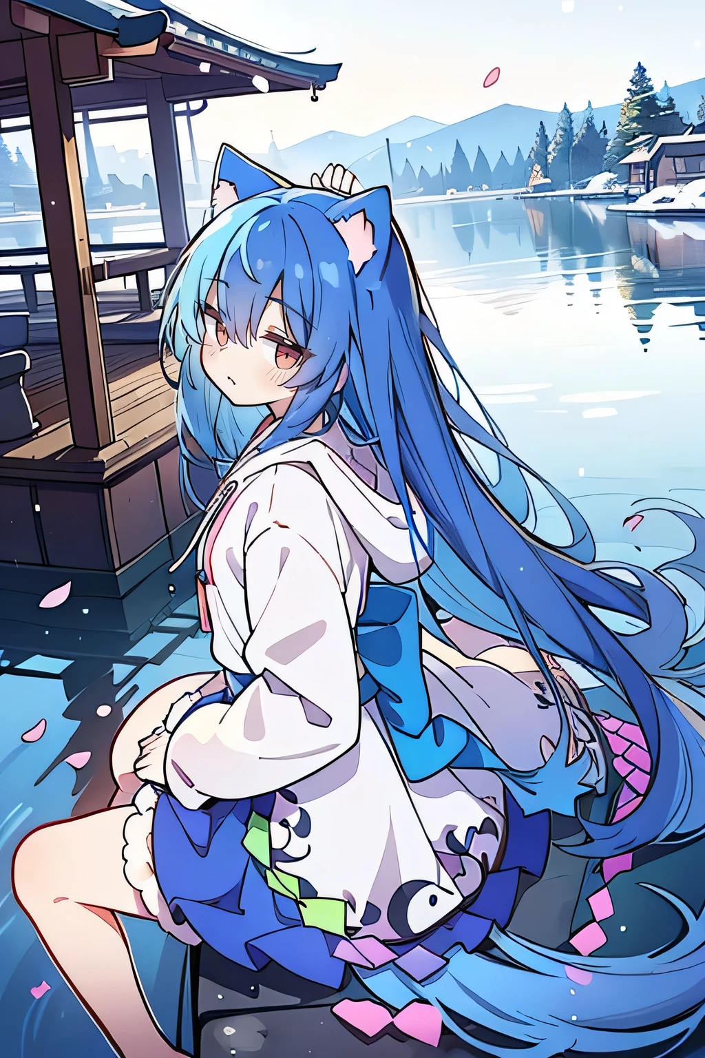 （masterpiece：1.2），Super detailed，lifelike，Expressive eyes，fair skin，perfect face shape，1 girl，
Japanese comics,Gorgeous blue hair,flowing blue hair,flowing clothes,Cat ears,Petals fall,beautiful lola,Baby Angel,
Shaking head with one hand，Cross your legs，Gentle and peaceful background，The pavilion is cool and comfortable,smile, wearing hoodie, background of tokyo,back views,snowing, winter,lie on the water.