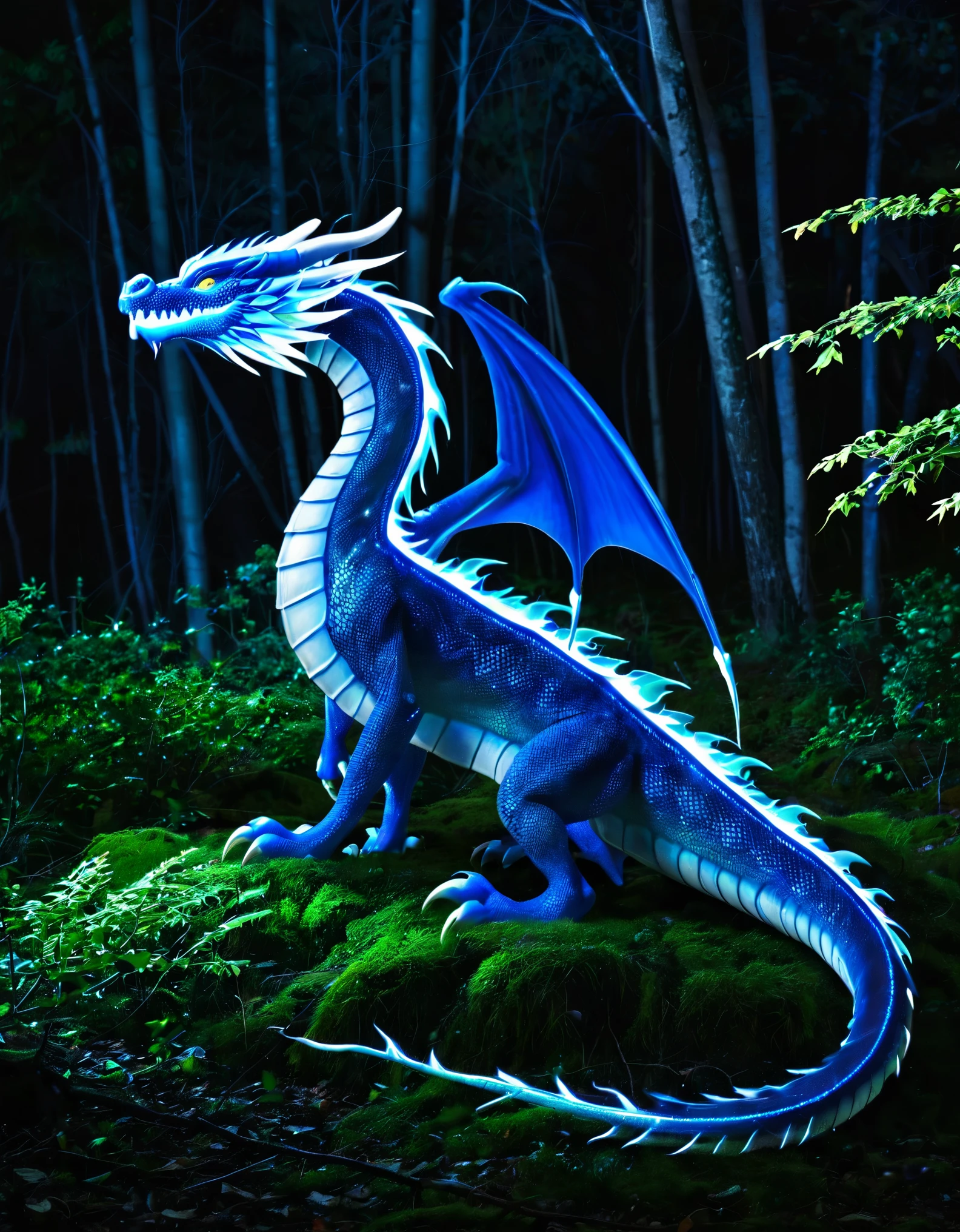 Blue Lightening Dragon in the woods at night.