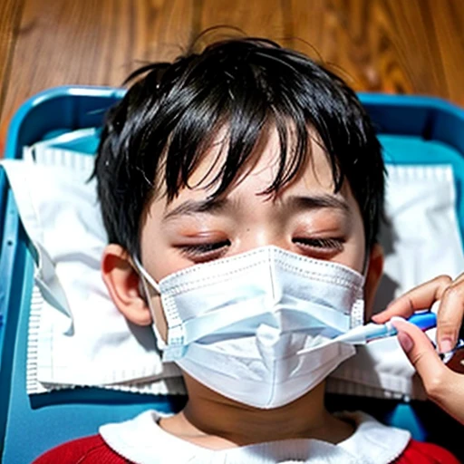 Handsome kindergarten boy with infectious disease、Appearance of suffering. He is wearing a white mask. He has a high fever. he is sleeping. He has a cough. He is exhausted. He is taking his temperature with a thermometer. He is dying. He is cooling his forehead with a cooling gel sheet..Are crying