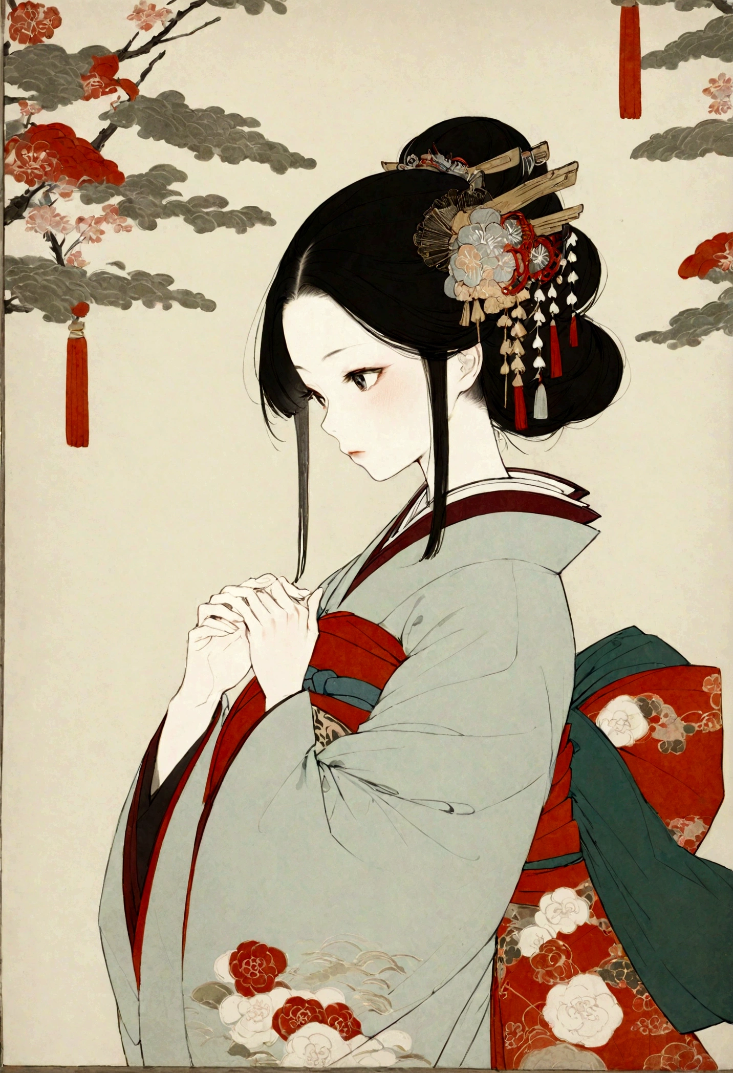 A woman wearing a kimono。Heian period。Offering prayers