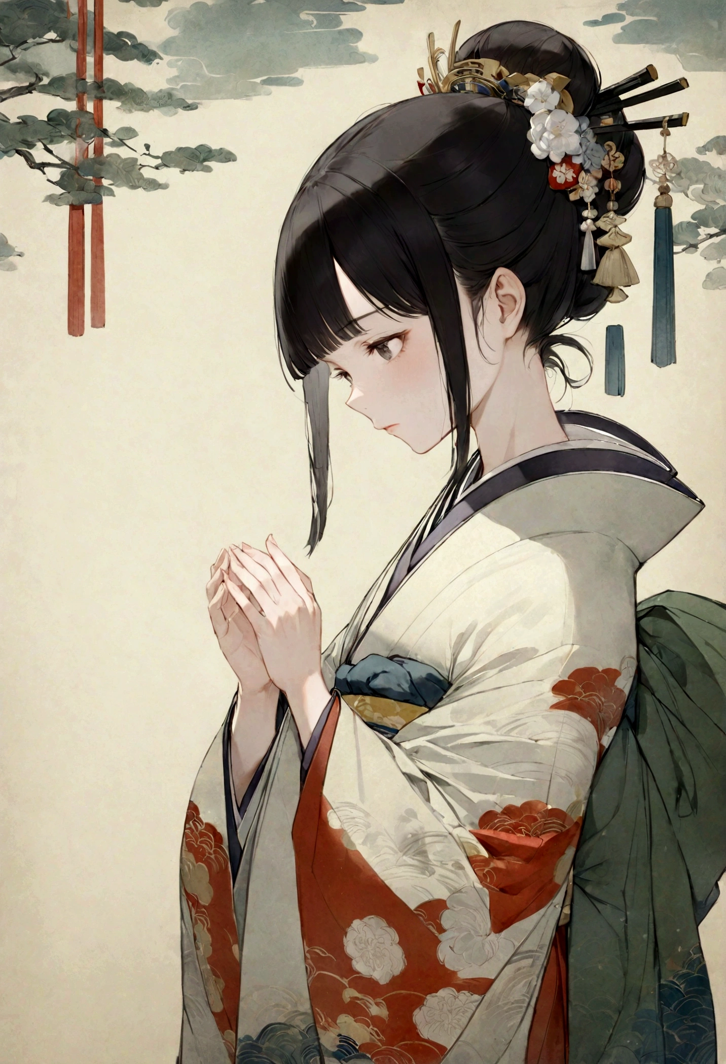 A woman wearing a kimono。Heian period。Offering prayers