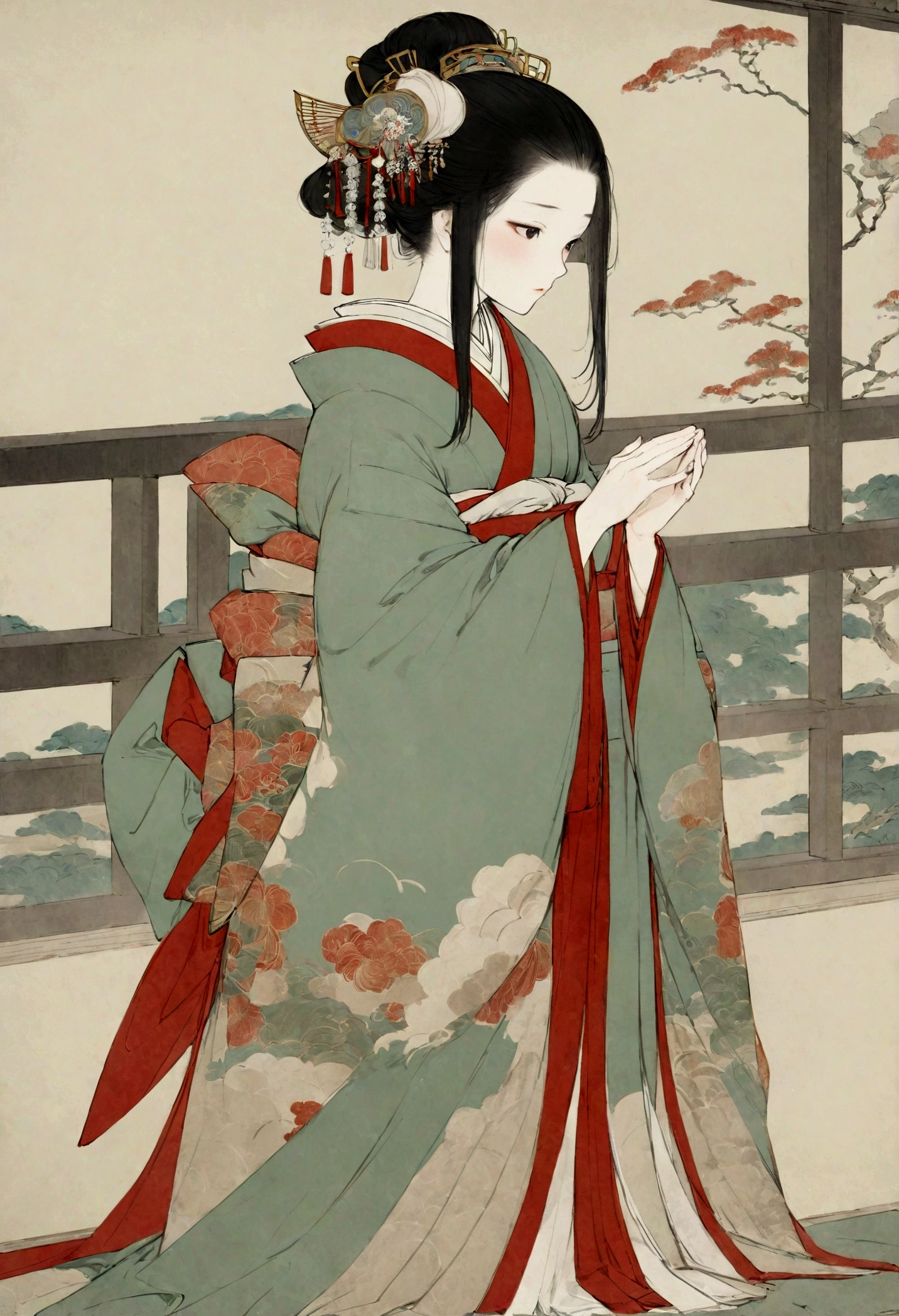 A woman wearing a kimono。Heian period。Offering prayers