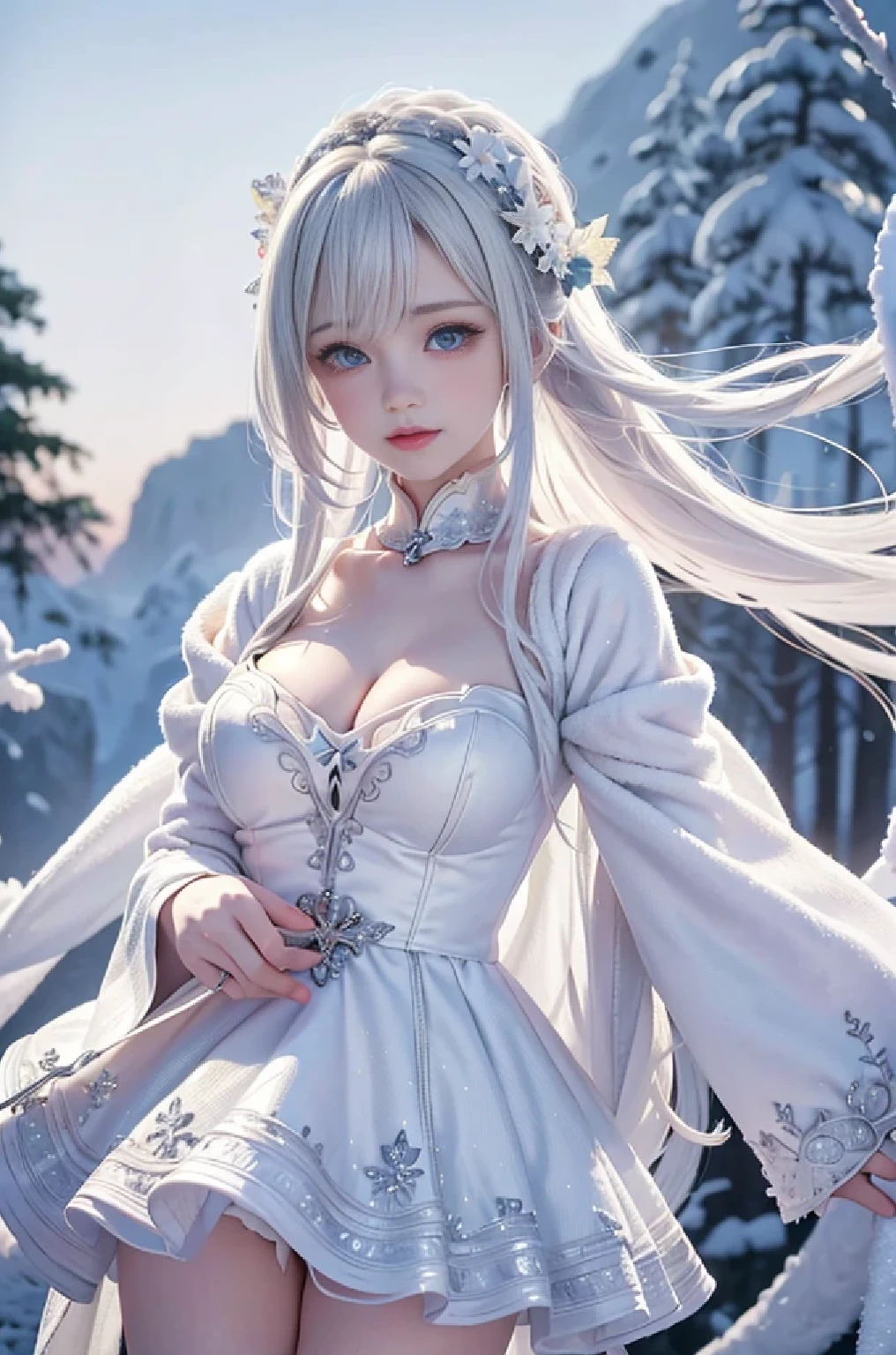 ((masterpiece:1.5,highest quality,Highly detailed images,Beautiful images、Realistic、Photorealistic、2.5D))(1girl, solo)(cute girl, medium breasts, white hair, aqua eyes、Narrow waist、Thin legs、Ideal body type、The collarbone is beautiful)(Lolita Costume、Cape、Fluffy thick coat、Snow Field)(Beautiful, shining hair, floating hair)(heavy snow、dead tree)
