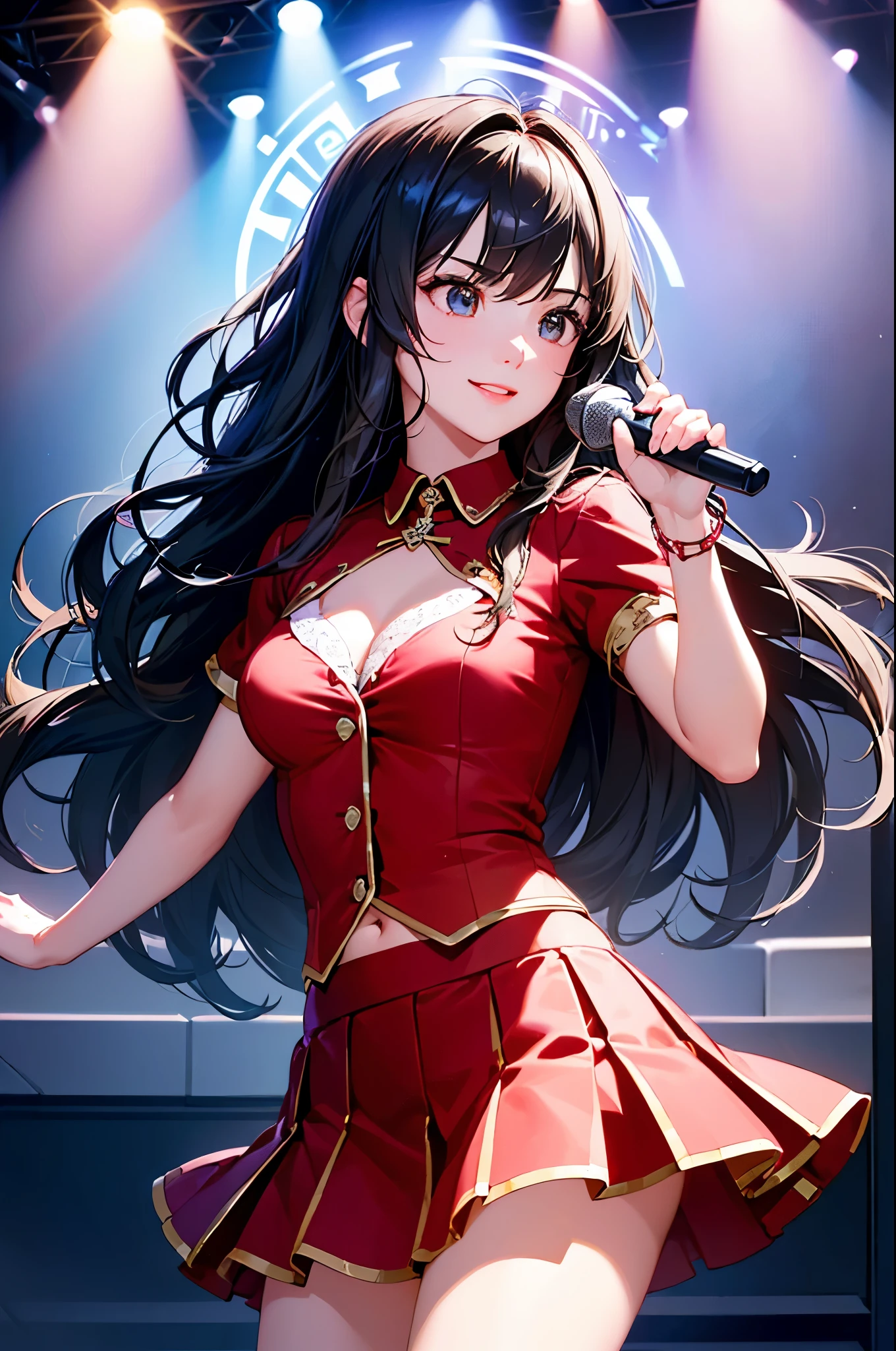 ((Biologically correct limb count))、(( Illustrations including faces))、4K、Masterpiece、((Focus on the face))、((Symmetrical, well-proportioned facial features))、Eyes with delicate depictions、Beautiful woman、Outstanding style、Slender Body、(RED SHIRT、High heels、((skirt)))、(Looking up、smile)、((Upper body close-up))、The background is a concert hall、((Realistic photo))、profile、((Fantastic photos)))、(((Girl Band)))、live、Idol、Hold the microphone on both ends、spotlight in the dark