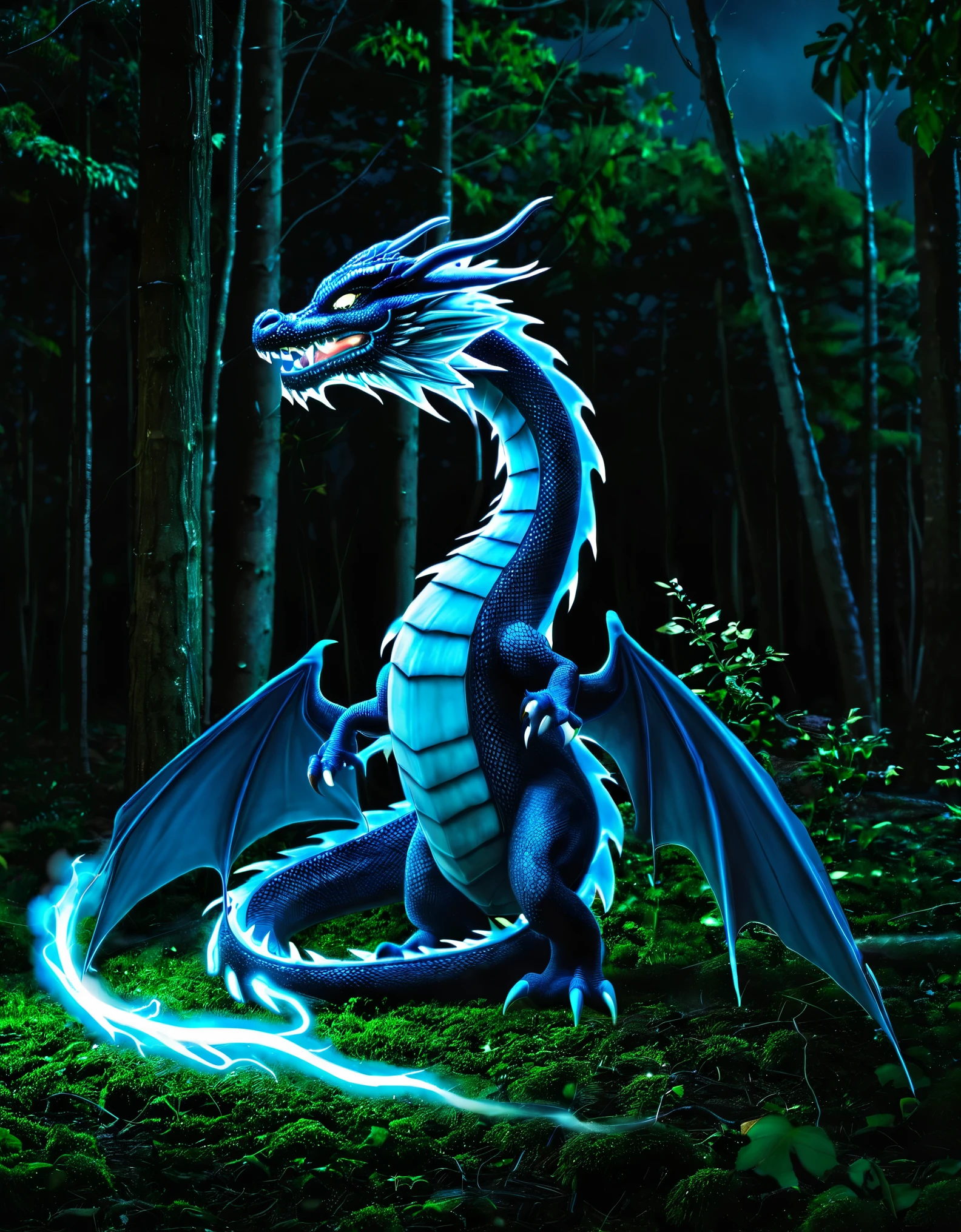 Blue Lightening Dragon in the woods at night.