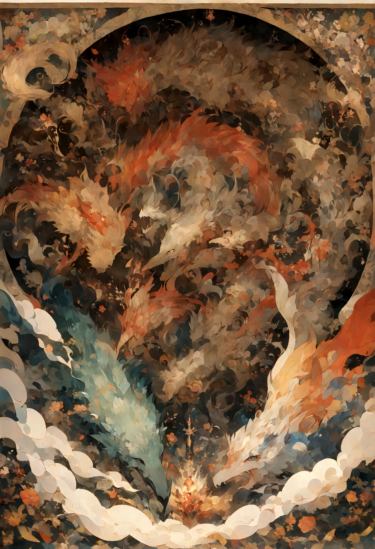 Mythical creatures,((Chinese mythological dragon)),Traditional Chinese Elements,Ancient murals,Examples of myths,The Legend of Fuyao,Spotted Light,Hazy haze,Mysterious Aura,masterpiece,Kich in color,Detailed explanation,Seven Colors