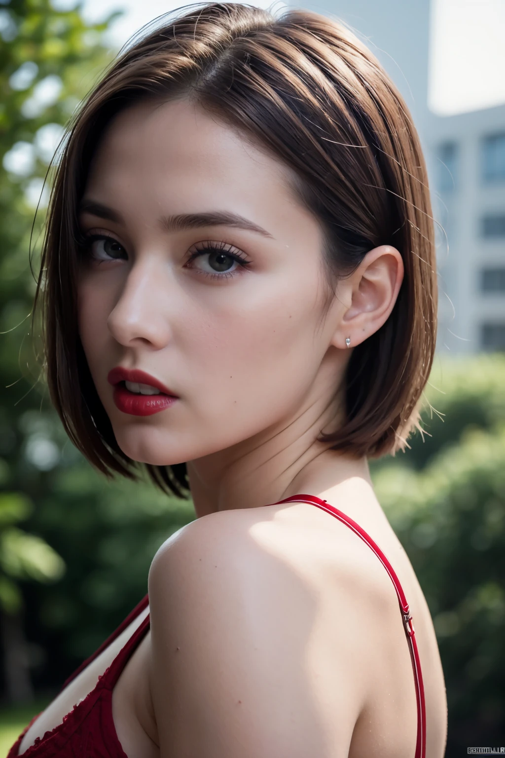 8k, highest quality, masterpiece, Photorealistic, Very detailed, (One Girl), Red lips, short hair, Straight hair, Mid-breasted, Cleavage, Outdoor, Professional Lighting, (View your viewers)