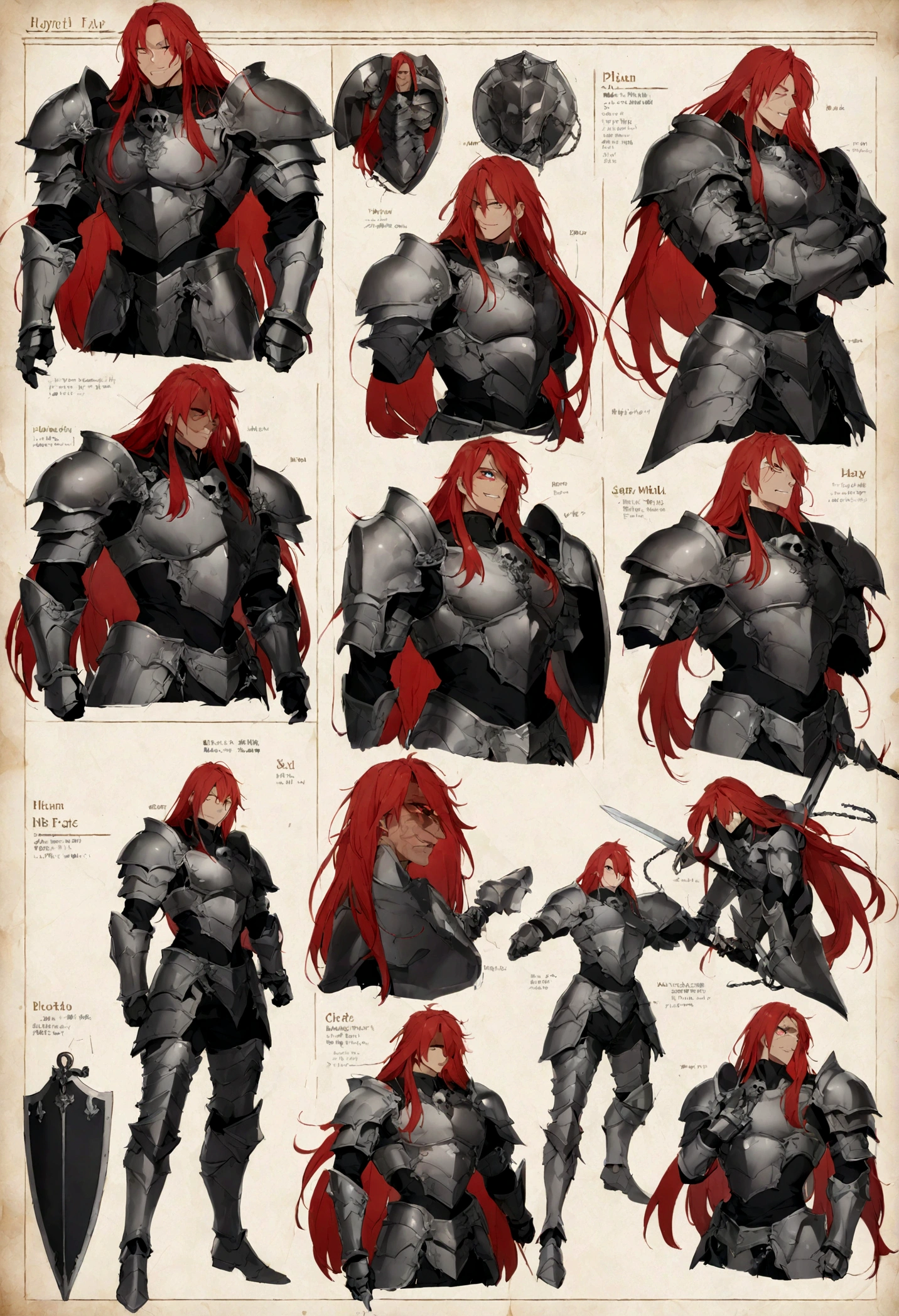 male character heavy plate armor, shield and sword, muscular, red hair, full of scar, character sheets,chained,skull armor,glowing eye,long hair