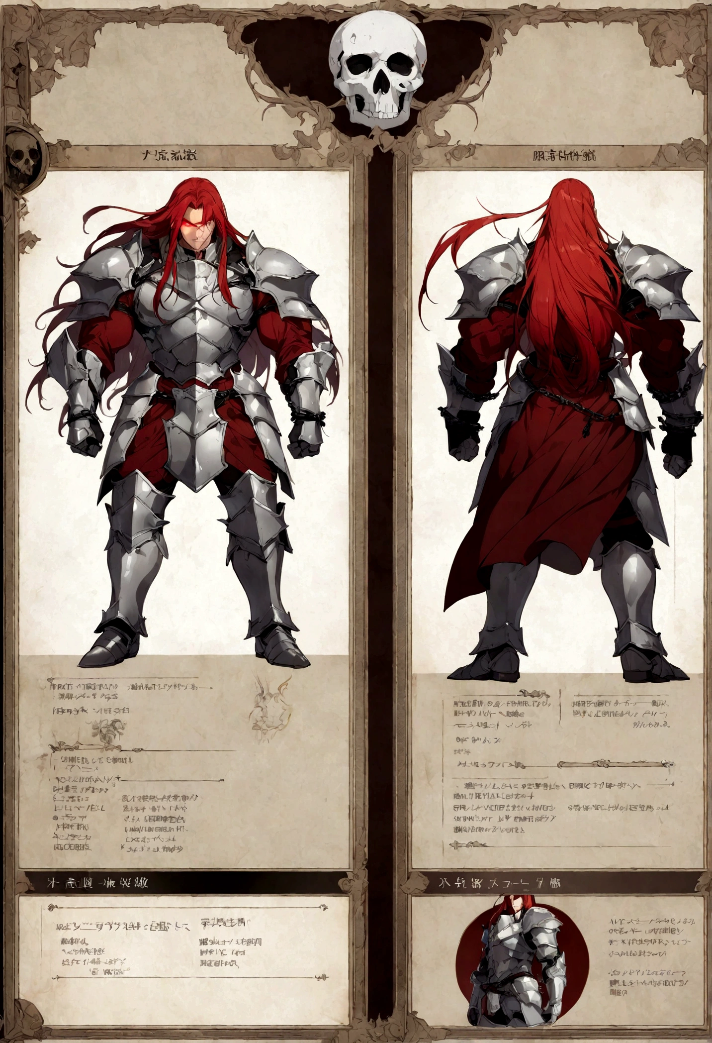 male character heavy plate armor, shield and sword, muscular, red hair, full of scar, character sheets,chained,skull armor,glowing eye,long hair