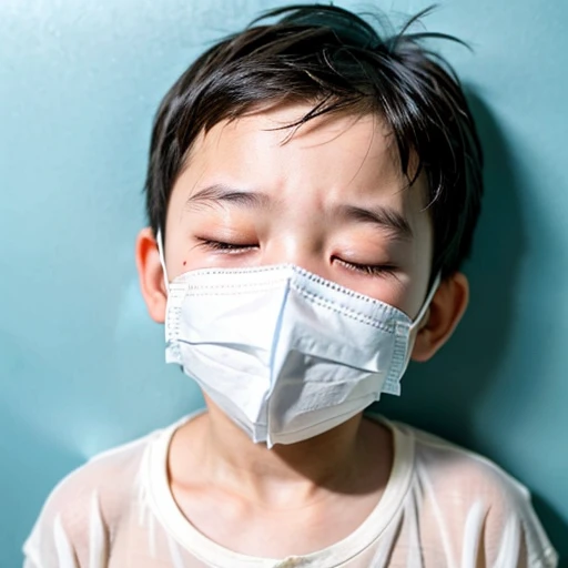 Handsome with infectious disease、Appearance of suffering. He is wearing a white mask. He has a high fever. he is sleeping. He has a cough. He is exhausted. He is taking his temperature with a thermometer. He is dying. He is cooling his forehead with a cooling gel sheet..Are crying