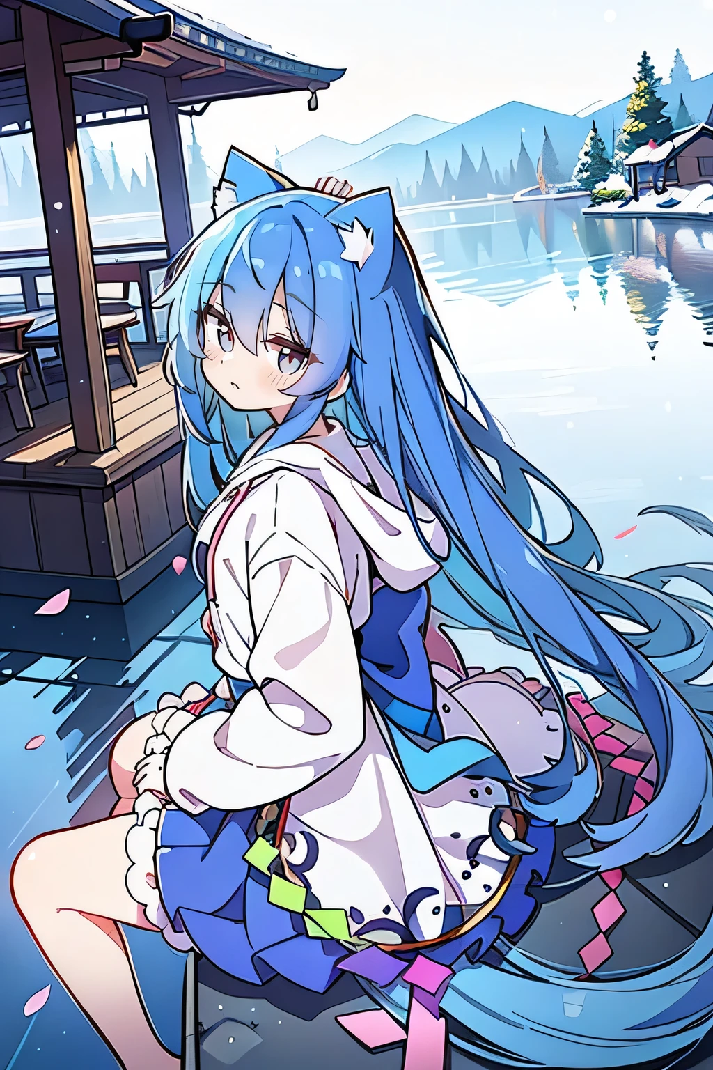 （masterpiece：1.2），Super detailed，lifelike，Expressive eyes，fair skin，perfect face shape，1 girl，
Japanese comics,Gorgeous blue hair,flowing blue hair,flowing clothes,Cat ears,Petals fall,beautiful lola,Baby Angel,
Shaking head with one hand，Cross your legs，Gentle and peaceful background，The pavilion is cool and comfortable,smile, wearing hoodie, background of tokyo,back views,snowing, winter,lie on the water.