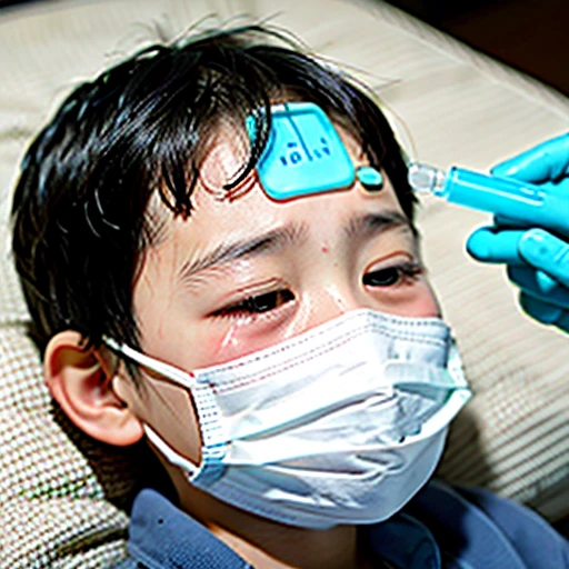 Handsome kindergarten boy with infectious disease、Appearance of suffering. He is wearing a white mask. He has a high fever. he is sleeping. He has a cough. He is exhausted. He is taking his temperature with a thermometer. He is dying. He is cooling his forehead with a cooling gel sheet..Are crying