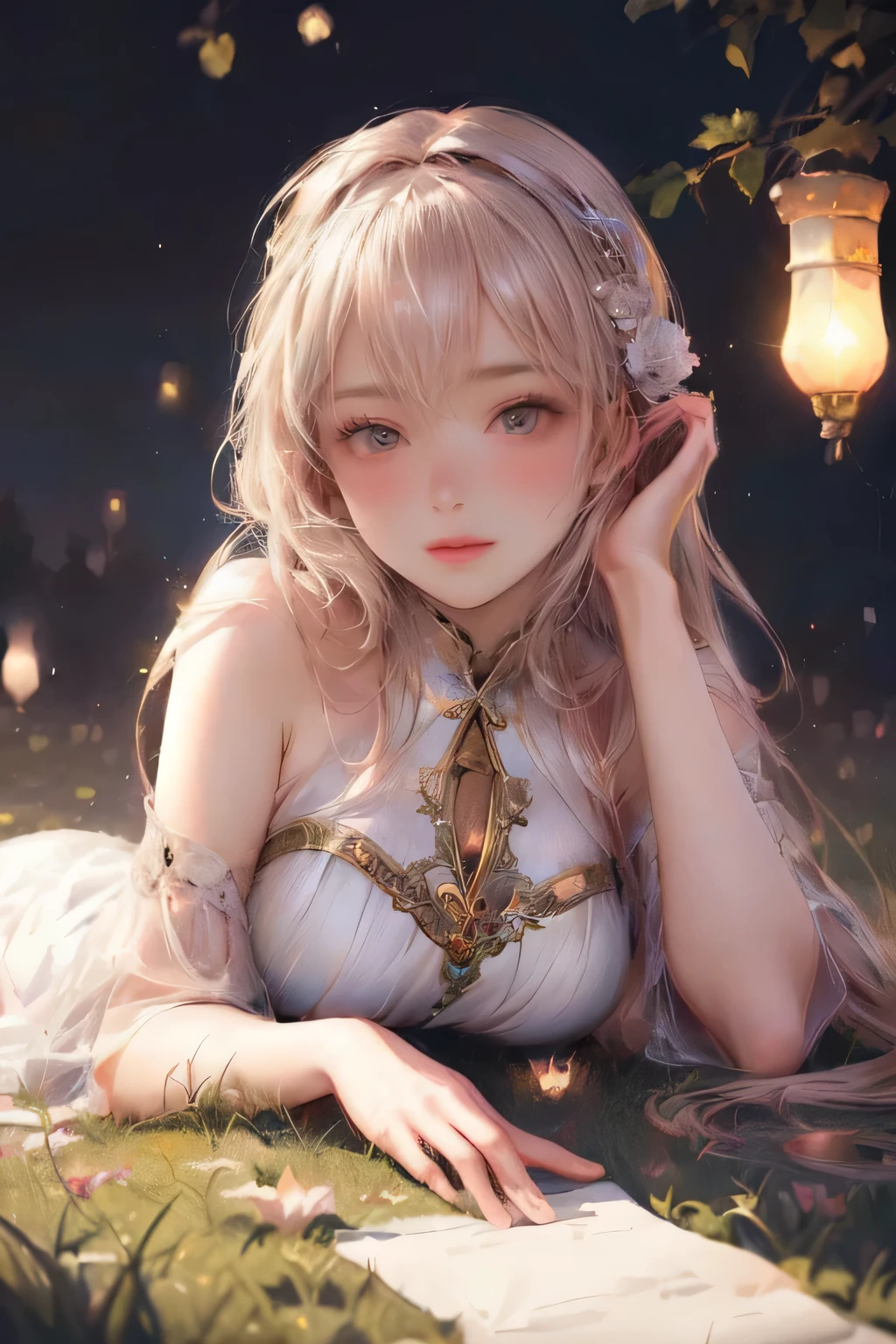 1girl lying on grass with lanterns in background, beautiful anime girl, beautiful anime portrait, beautiful fantasy anime, cute anime wife in lovely dress, cute anime girl portrait, beautiful anime woman, beautiful anime art, beautiful anime artwork, highly detailed digital anime art, ghibli, detailed anime girl portrait, 4k anime art wallpaper