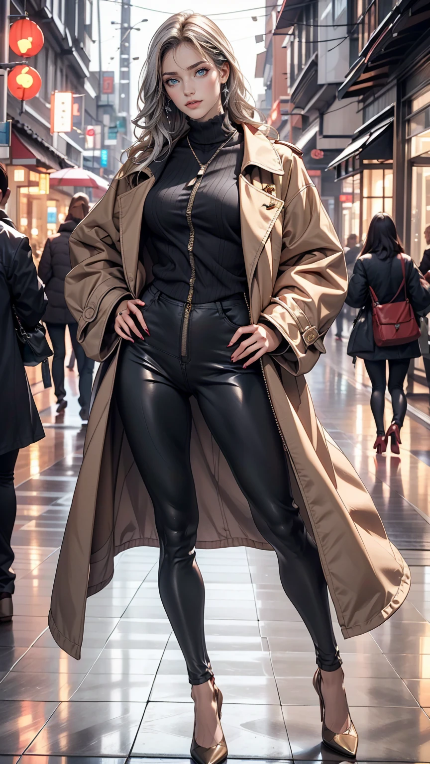 Attractive 24 year old woman、Silver Hair、long hair、Wear high-neck zipper-up tops、Wear leggings、Wearing high heels、Wear a long coat、Place your hands on your hips、smile