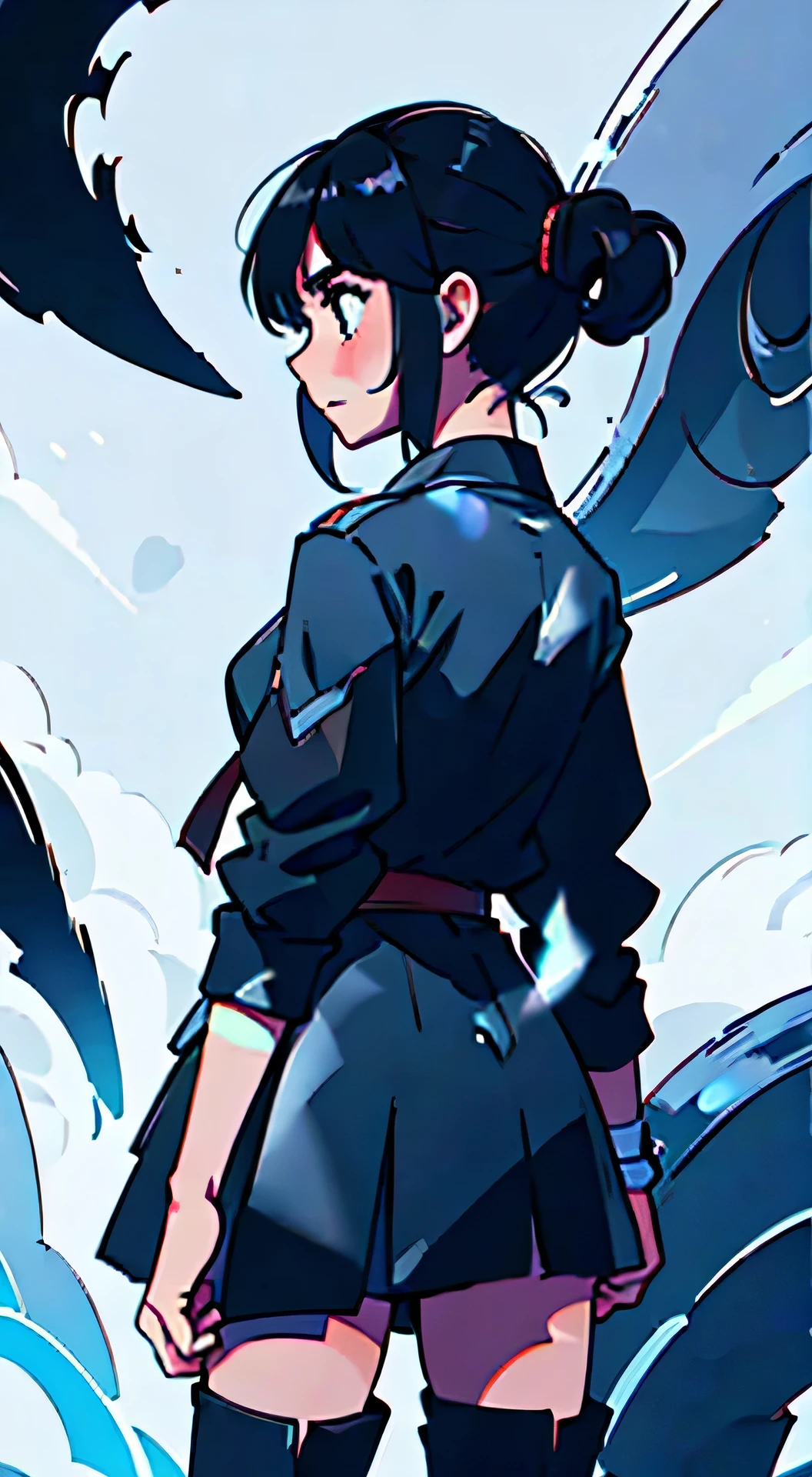 The girl is carrying a large sword on her back、Back view of a girl facing a giant black monster