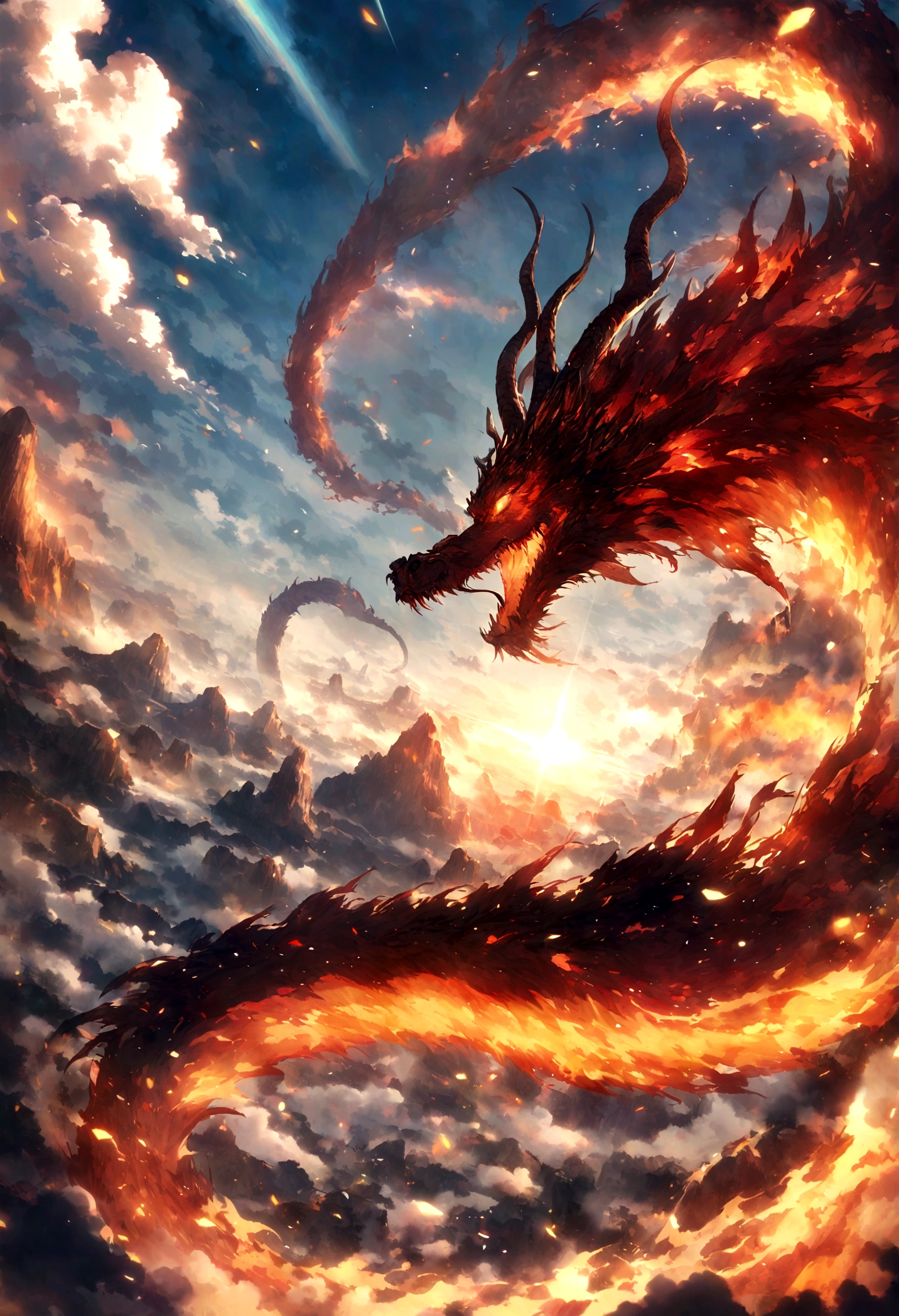 Landscape painting,White rainbow background,A huge Chinese dragon is golden in the air