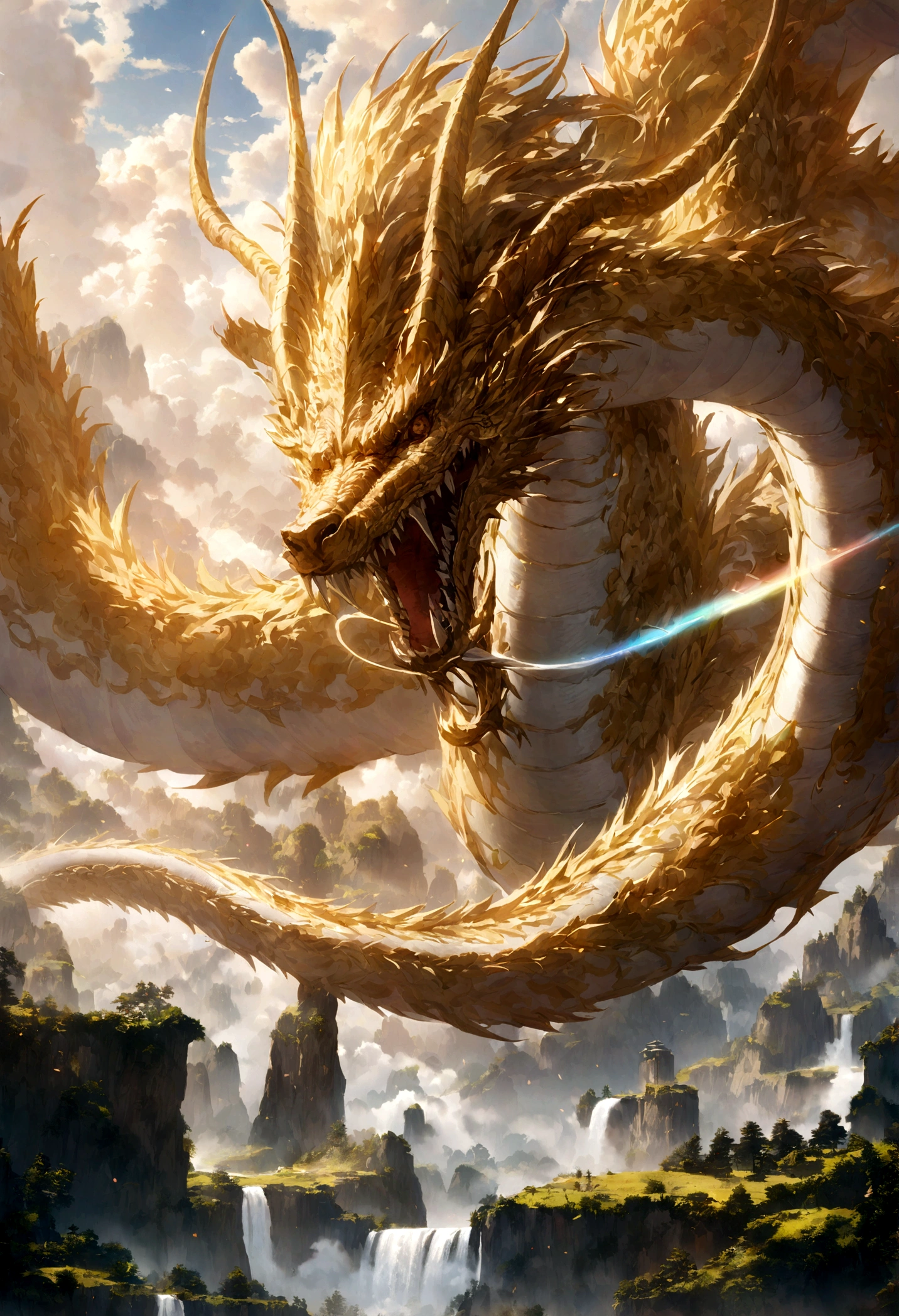 Landscape painting,White rainbow background,A huge Chinese dragon is golden in the air