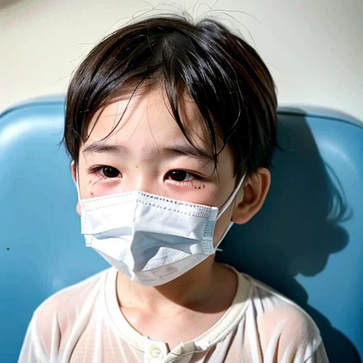Handsome kindergarten boy with infectious disease、Appearance of suffering. He is wearing a white mask. He has a high fever. he is sleeping. He has a cough. He is exhausted. He is taking his temperature with a thermometer. He is dying. He is cooling his forehead with a cooling gel sheet..Are crying